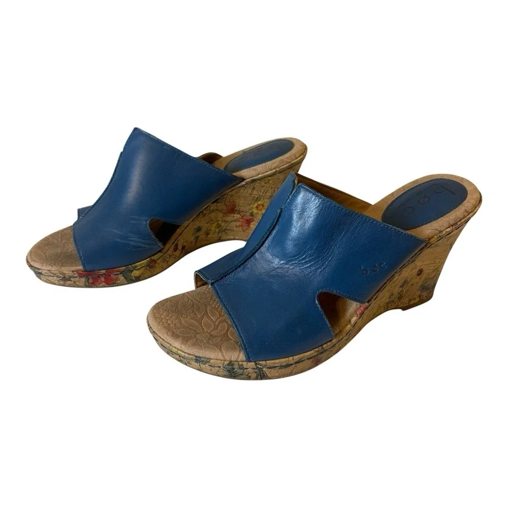 B.O.C Woman's Blue Leather Open Toe Slide On Wedge Sandal Shoe 9M‎
